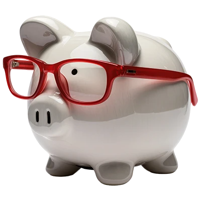 White piggy bank wearing red glasses, representing everyday saving and borrowing