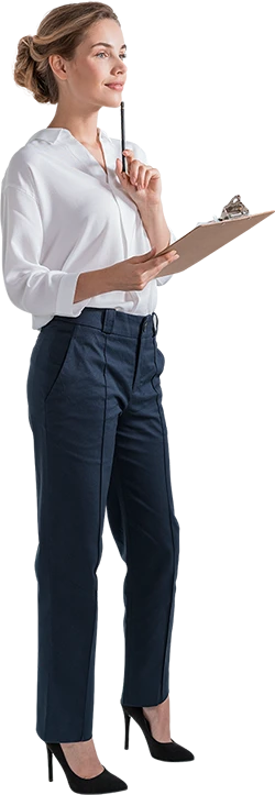 Woman in business dress holding a clipboard, thinking